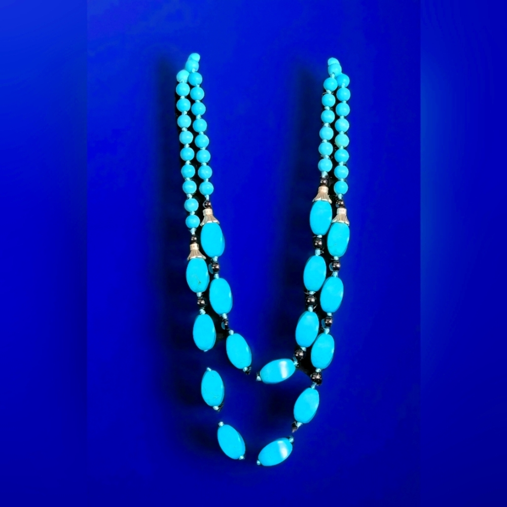 Vtg Boho Turquoise Style Beaded Stone Necklace Double Strand Heavy Solid Piece